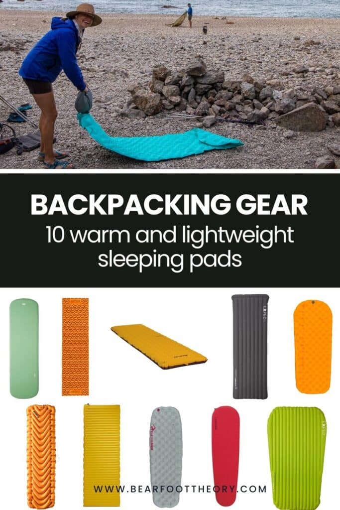 Product photos of 10 sleeping pads with text that reads "Backpacking Gear 10 warm and lightweight sleeping pads"