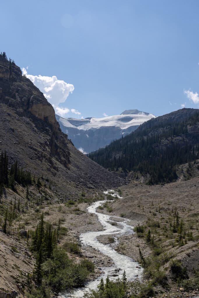 The Bow Glacier Falls Trail in Banff National Park with a river running through a glaciated valley