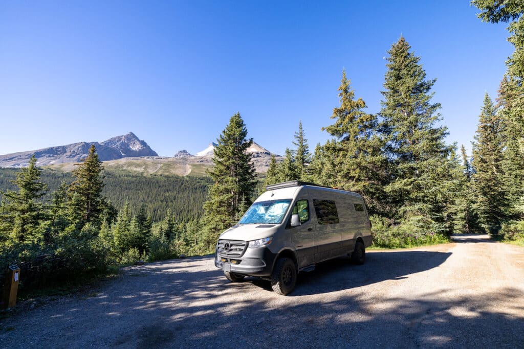 Sprinter van at campsite #2 in Wilcox Campground in Jasper National Park along the Icefields Parkway