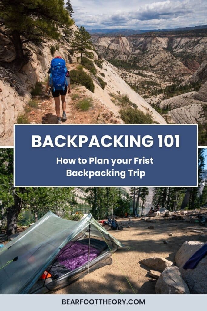 Woman backpacking in Zion National Park. Text reads Backpacking 101 - How to plan your first backpacking trip