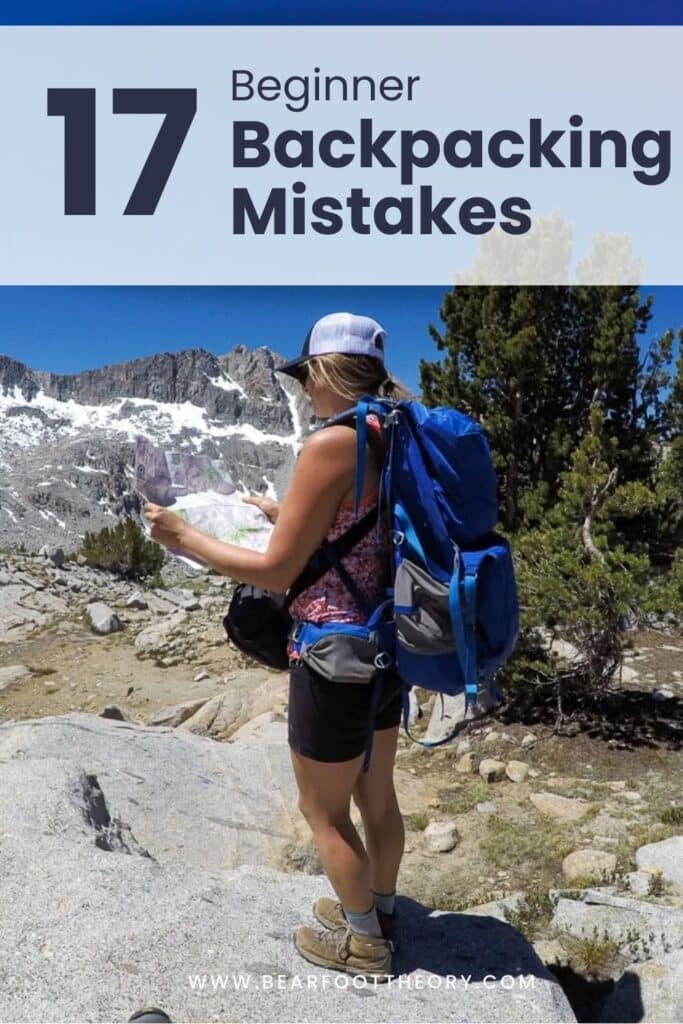 Woman holding map on a hike. Text reads 17 Beginner Backpacking mistakes