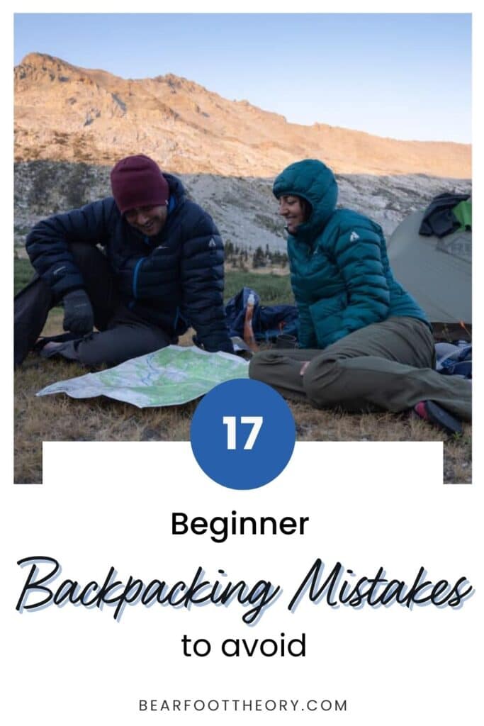 Two people sitting next to a tent at sunset. Text reads 17 Beginner Backpacking Mistakes to Avoid