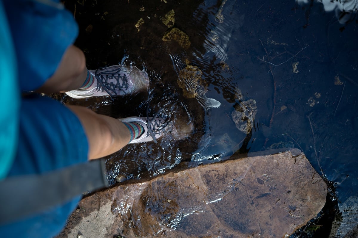 oboz katabatic lt waterproof version in a stream