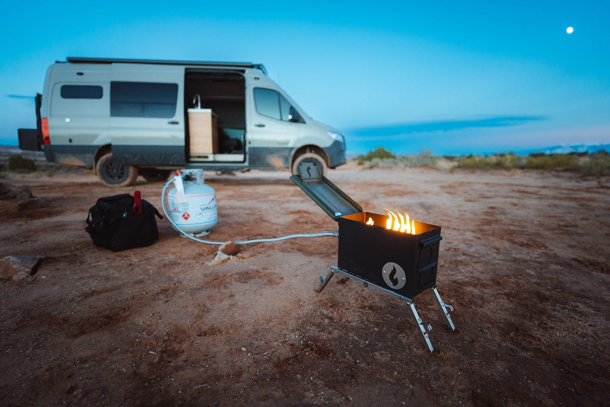 lavabox propane firepit next to a sprinter van in moab