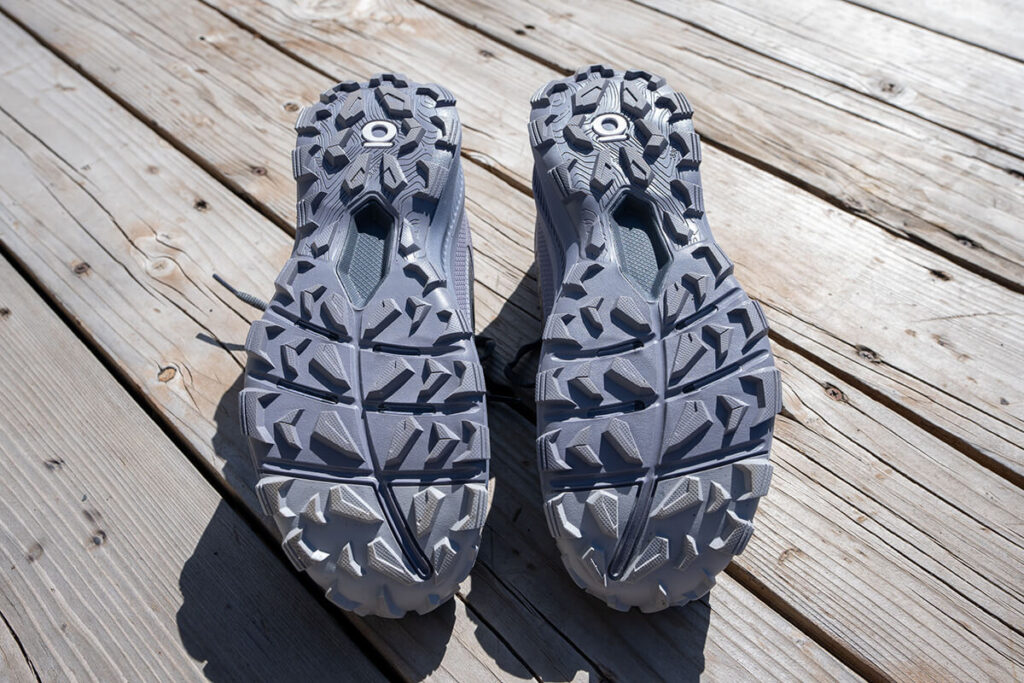 The underside of the Oboz Katabatic hiking shoe with multidirectional lugs