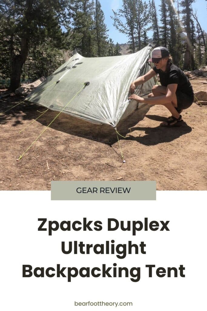 Woman setting up Zpacks Tent. Text reads Gear Review Zpacks Duplex Ultralight Backpacking Tent