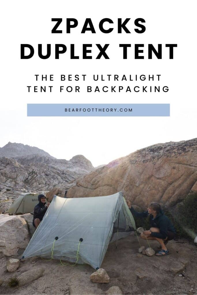 Two people setting up a Zpacks tent among granite rocks. Text reads Zpacks Duplex Tent - the best ultralight tent for backpacking