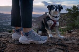 Womens ankles wearing Oboz Katabatic LT lows standing next to a mini Australian shepherd