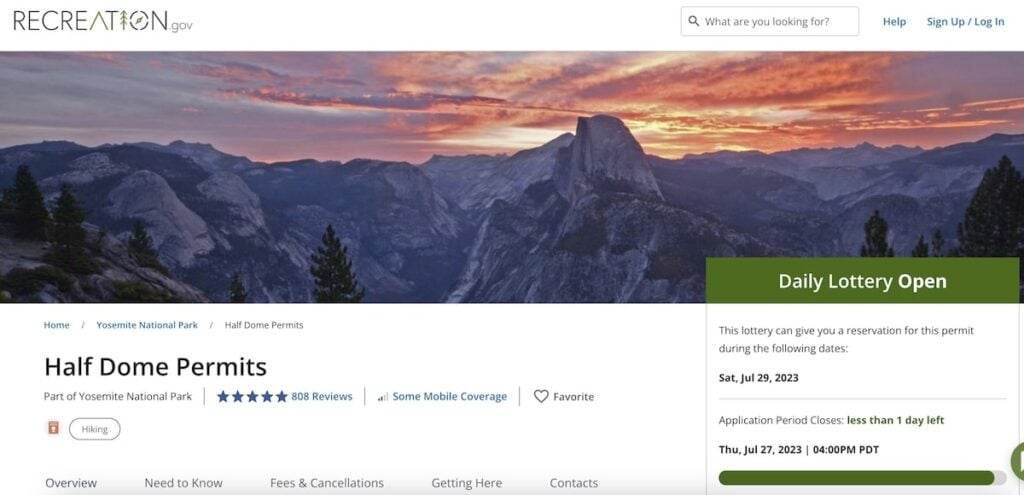 Screenshot of recreation.gov website for Half Dome permits