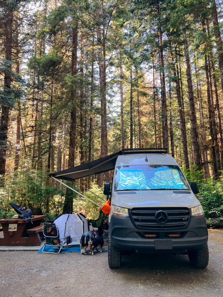 A sprinter van camping at a campsite surrounded by forest in Juan de Fuca Provincial Park on Vancouver Island