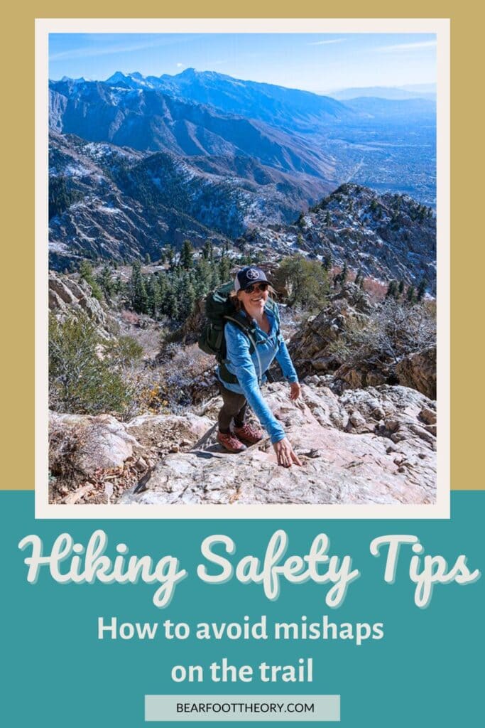 Kristen Bor on a mountain hike with text "hiking safety tips - how to avoid mishaps on the trail"