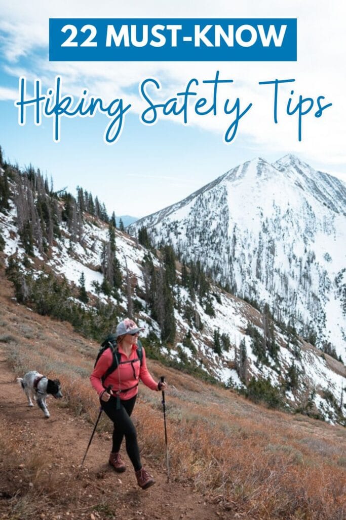 Kristen Bor on a mountain hike with text "22 must know hiking safety tips