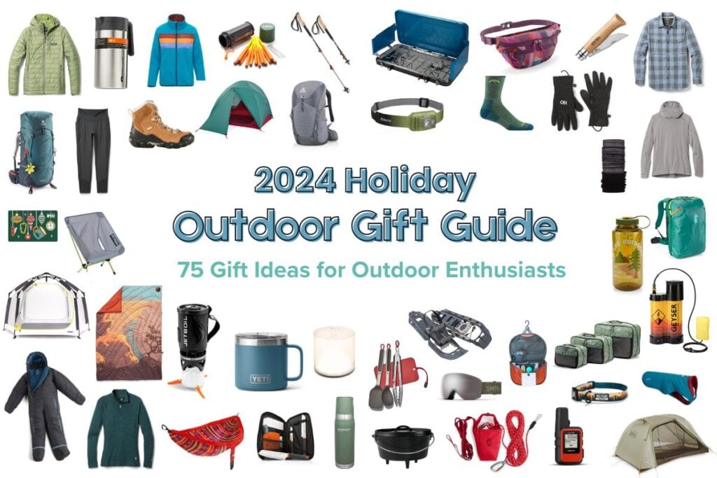 collage of outdoor gear with the text "2024 Holiday Outdoor Gift Guide - 75 Gifts for Outdoor Enthusiasts"