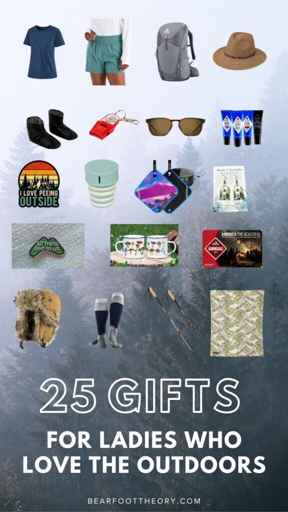 Collage of gifts for outdoorsy women with text "25 Gifts for Ladies who Love the Outdoors"