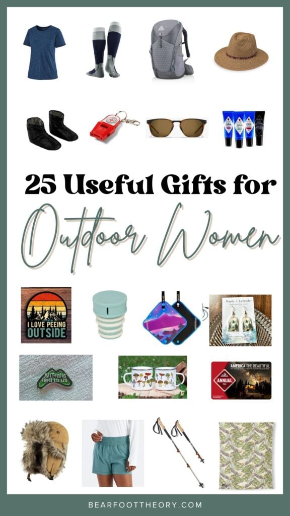 Collage of gifts for outdoorsy women with text "25 Useful Gifts for Outdoor Women"