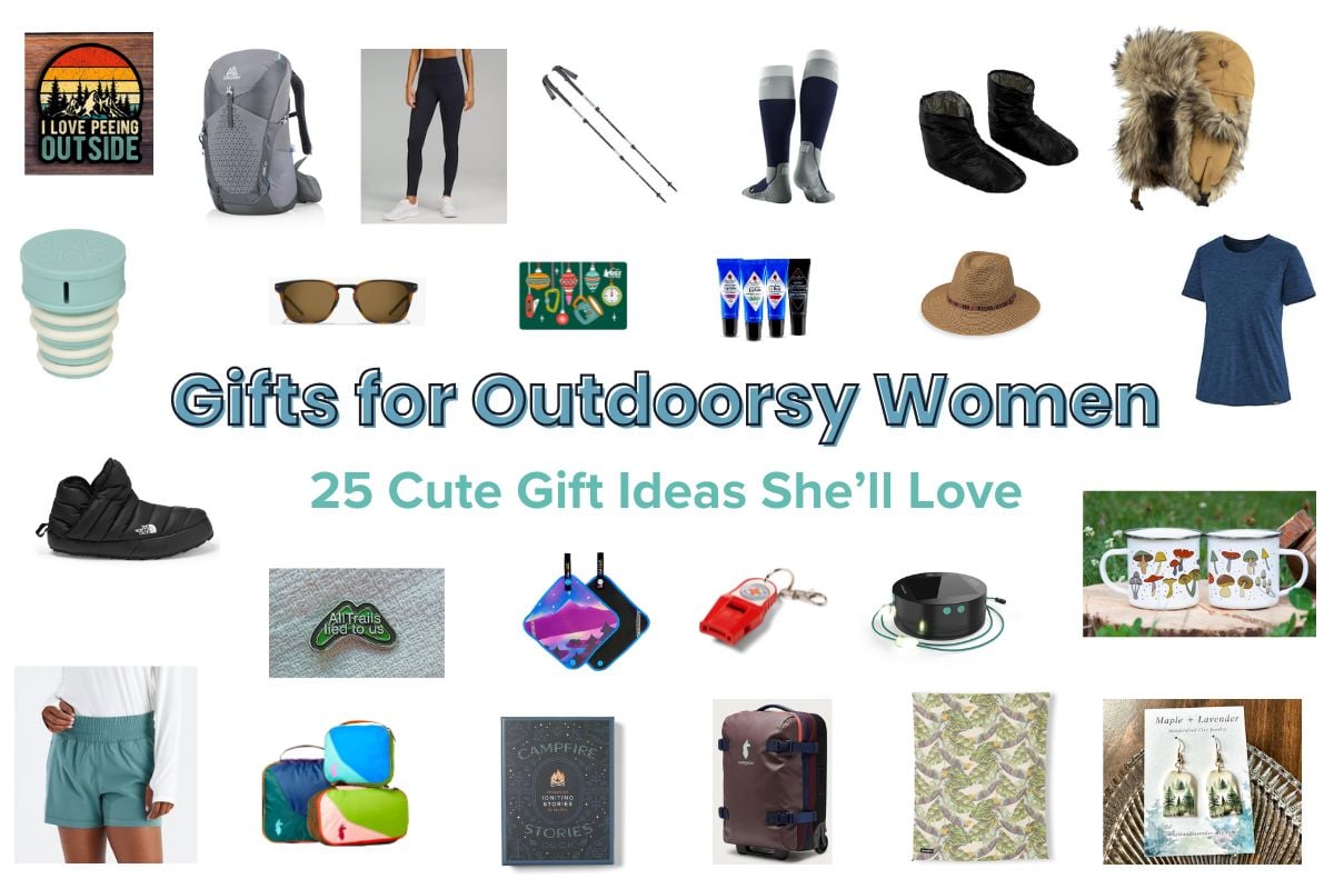 Collage of gifts for female outdoor enthusiasts with text "Gifts for Outdoorsy Women - 25 Cute Gift Ideas She'll Love"