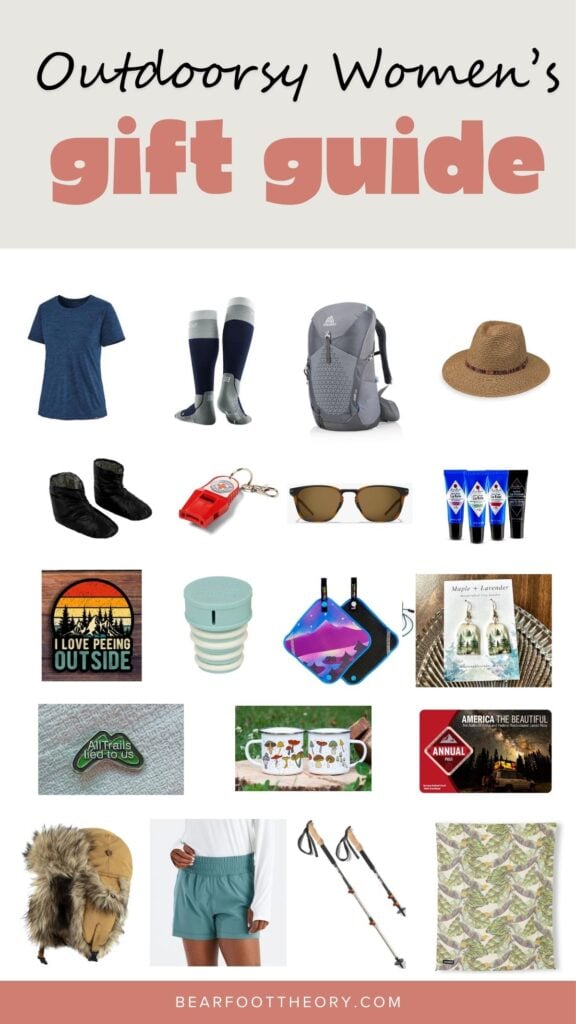 Collage of gifts for outdoorsy women with text "Outdoorsy Women's Gift Guide"