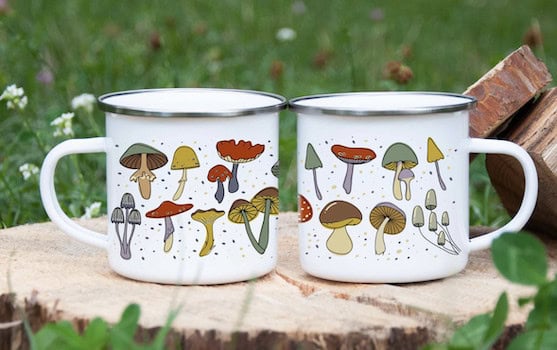 enamel mugs with mushrooms on them