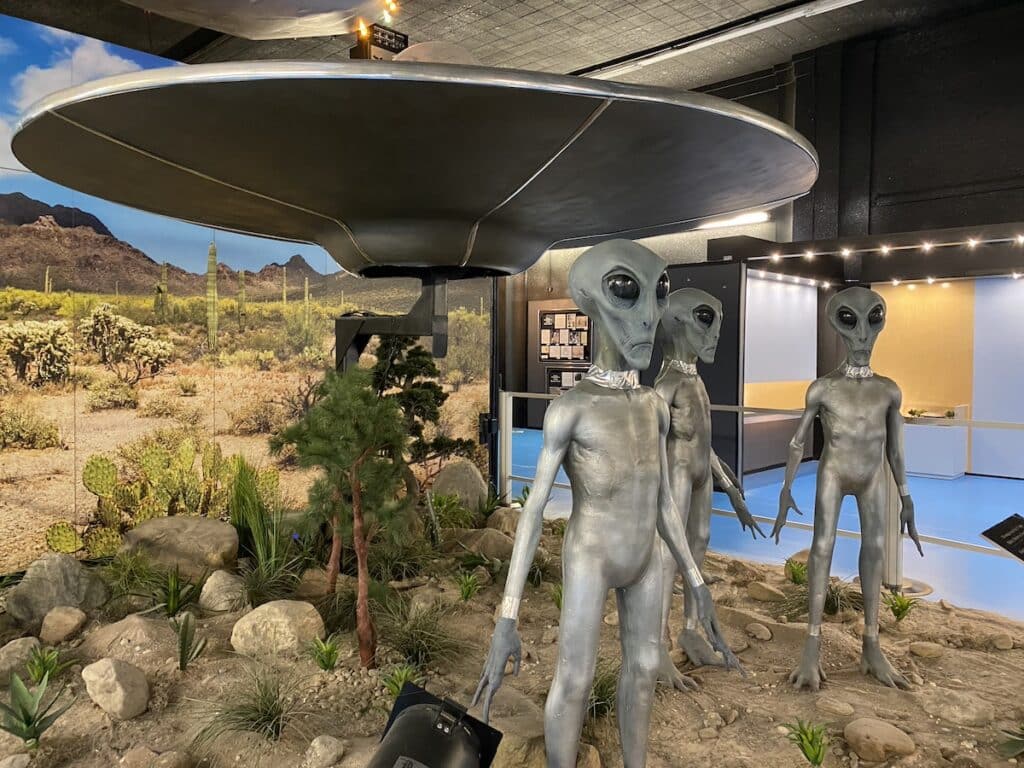 Three alien statues inside the UFO Museum in Roswell, NM