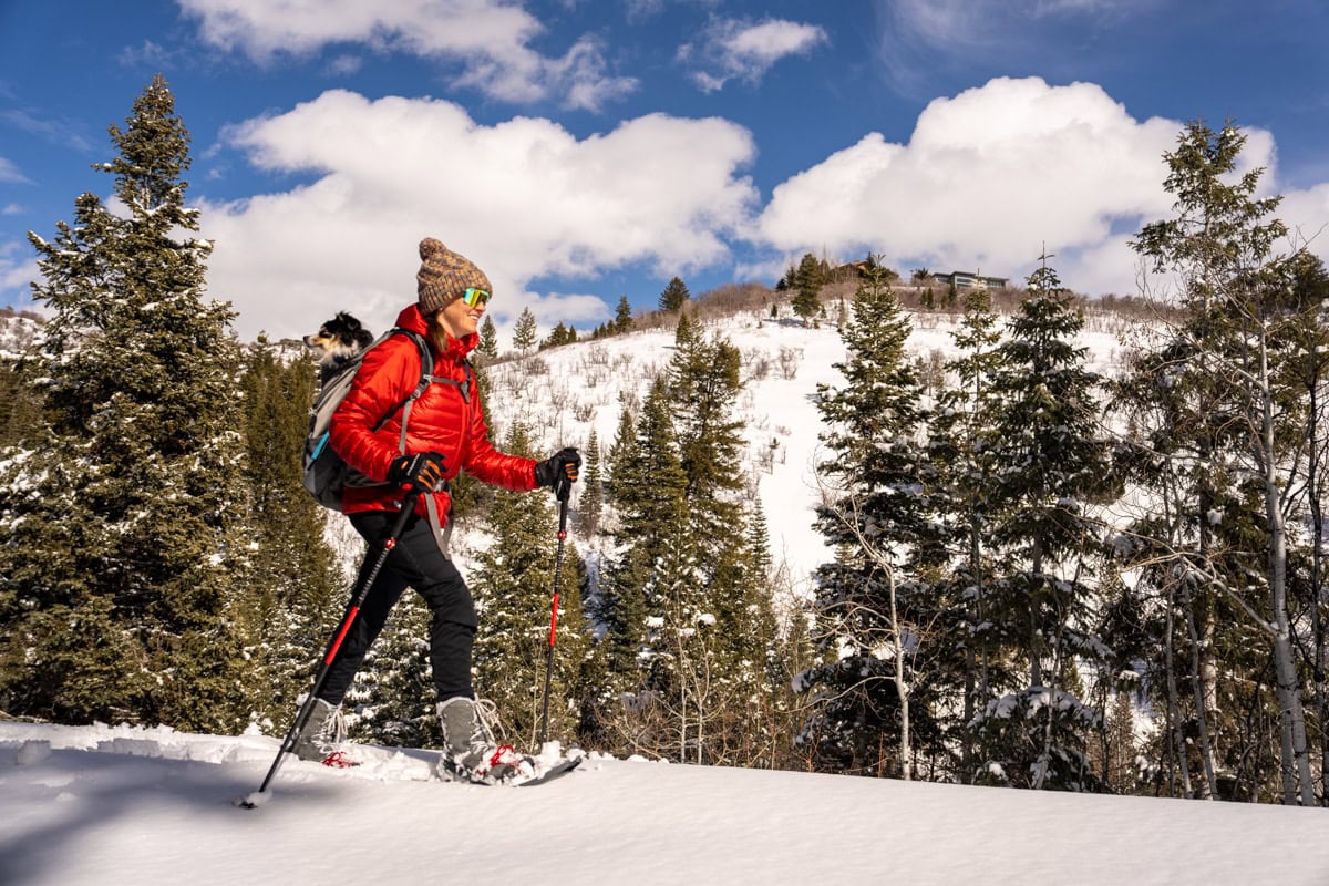 Kristen Bor snowshoeing with a dog in her backpack