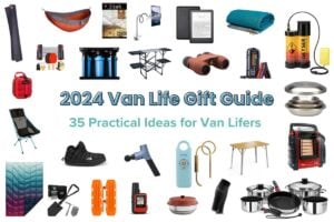 Text "2024 Van Life Gift Guide: 35 Practical Gifts for Van Lifer" with product images