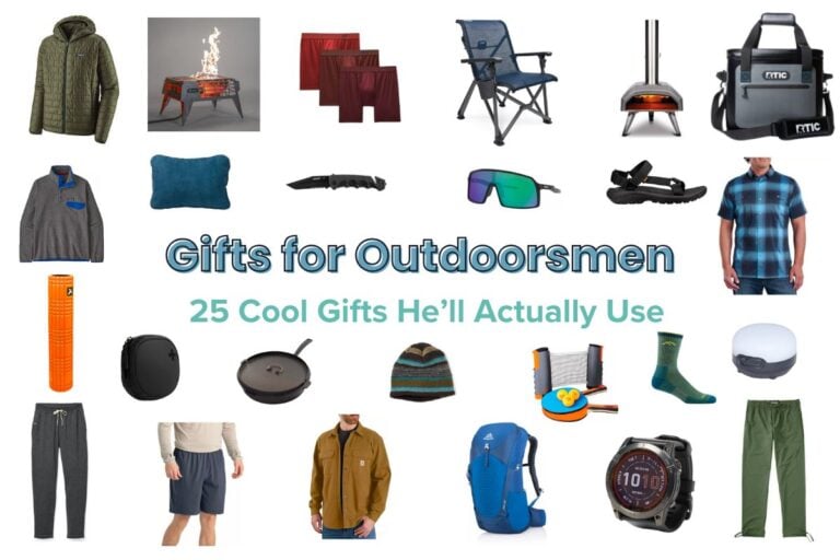 Collage of gifts for male outdoor enthusiasts with text "Gifts for Outdoorsmen - 25 Cool Gifts He'll Actually use"