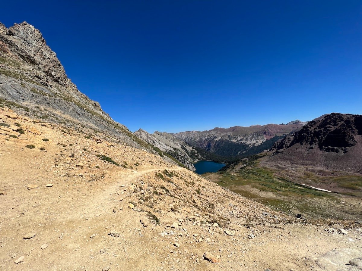 View of Snowmass Lake from the top of Trail Rider Pass on the Four Pass Loop.