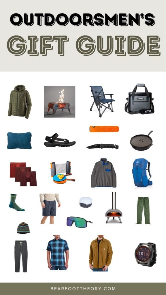 Collage of men's gifts with text "Outdoorsmen's Gift Guide"