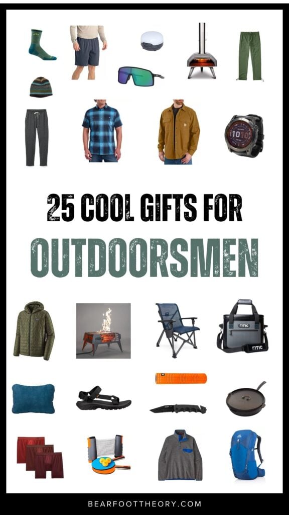 Collage of men's gifts with text "25 Cool Gifts for Outdoormen"