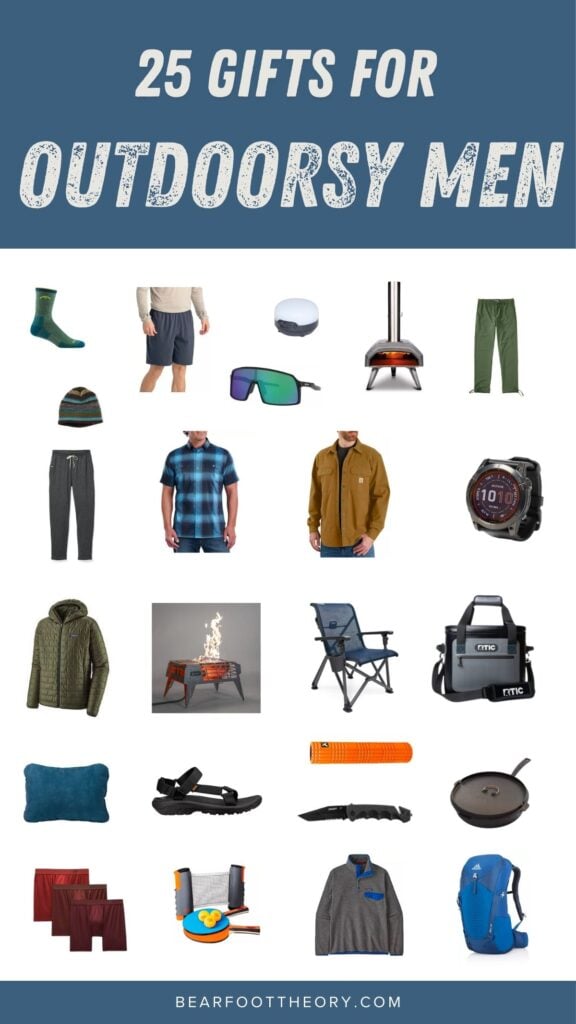 Collage of men's gifts with text "25 Gifts for Outdoorsy Men"