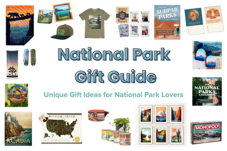 Collage of National Park gifts with text "National Park Gift Guide - unique gift ideas for national park lovers"