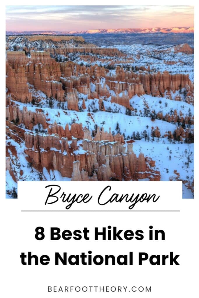 Pinterest image showing snow on the hoodoos in Bryce Canyon National Park.