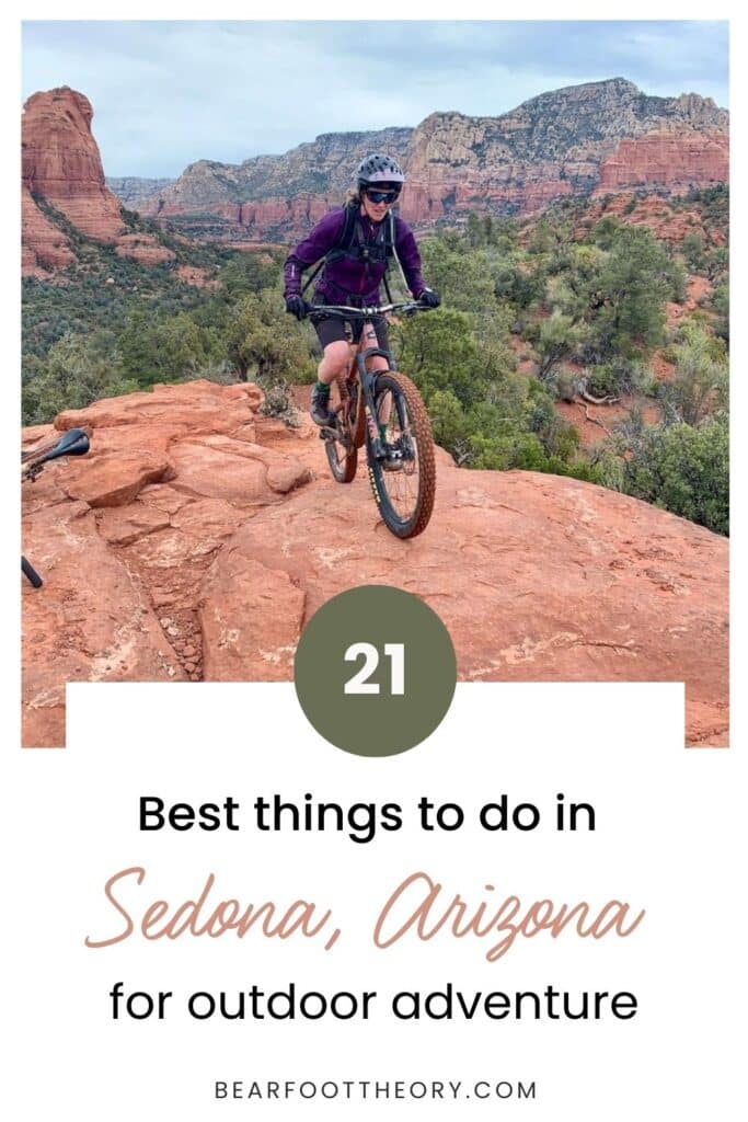 Pinnable image of woman riding mountain bike over large red rock boulder. Text reads "21 Best Things to do in Sedona, Arizona for outdoor adventure"