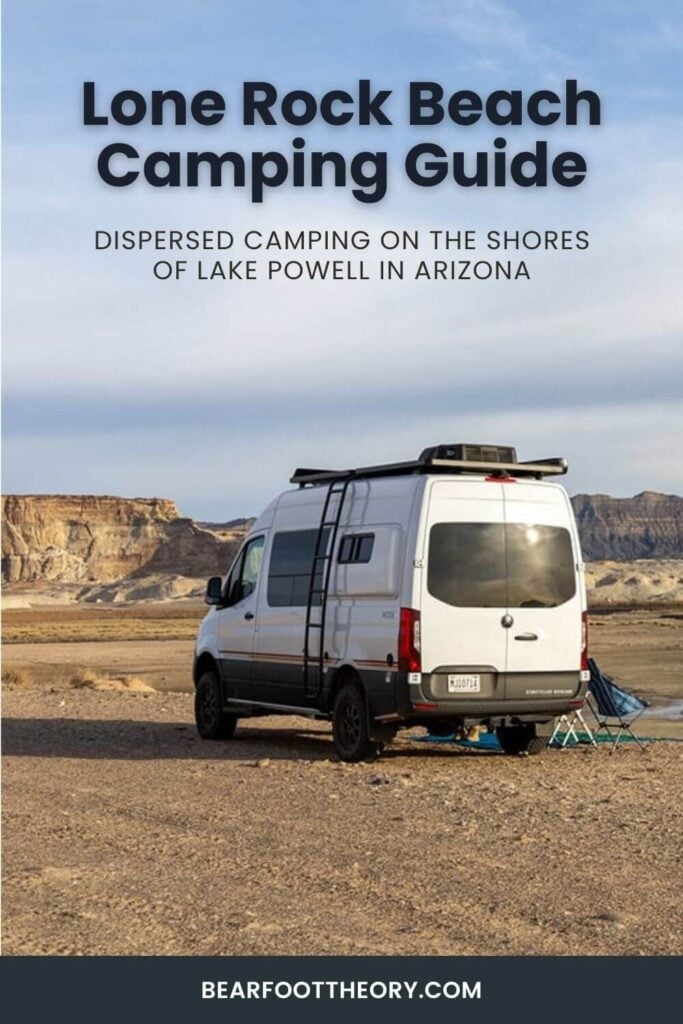 Pinnable image of camper van set up at dispersed camp site. Text reads "Lone Rock Beach Camping Guide: dispersed camping on the shores of Lake Powell in Arizona"