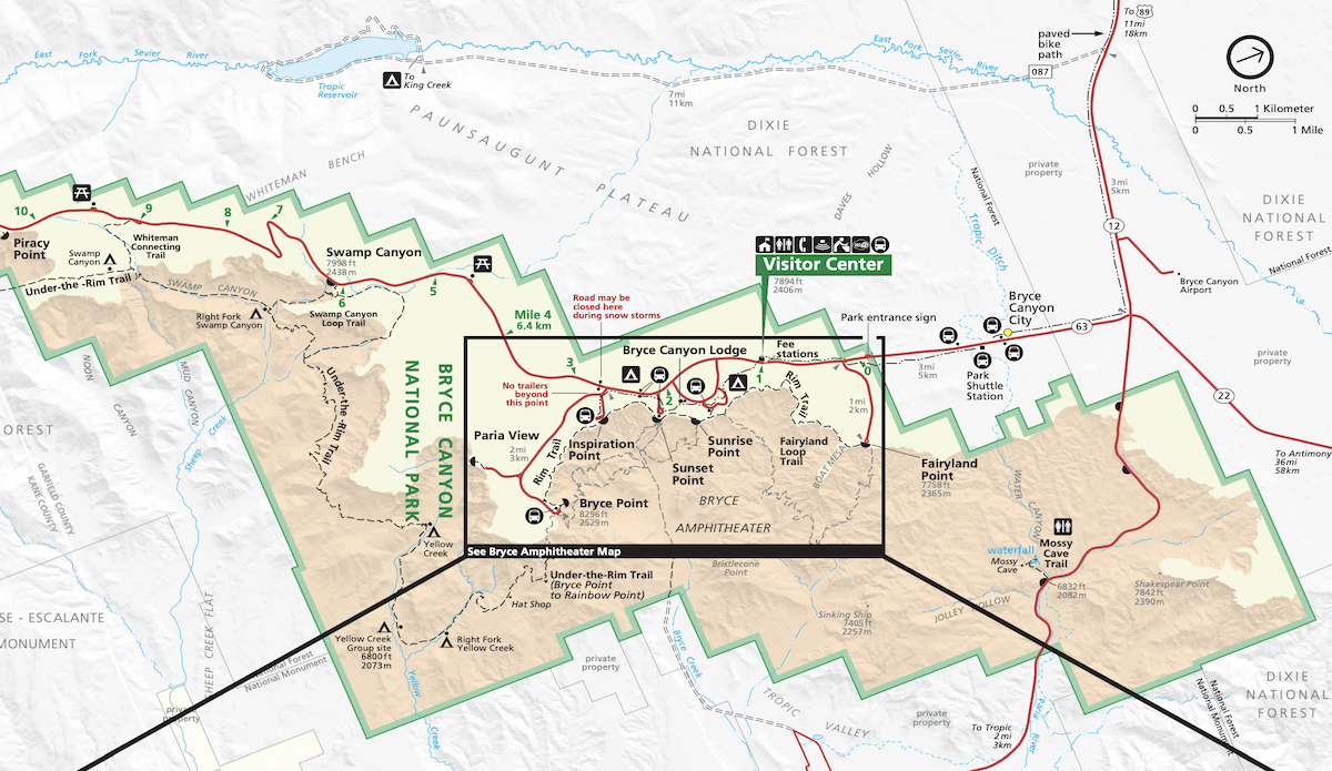 National Park Service map showing the main trailheads in Bryce Canyon National Park.