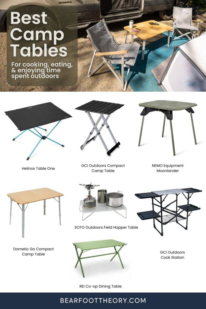 Pinterest image of camp table product images and camp table set up with two chairs outside van. Text says "Best camp tables for eating, cooking, and enjoying the outdoors"