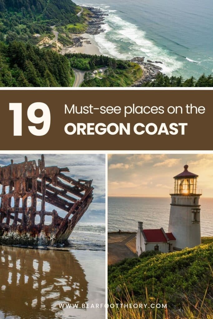 Pinterest image of collage of photos from places on the Oregon Coast. Text says "19 must-see places on the Oregon Coast"