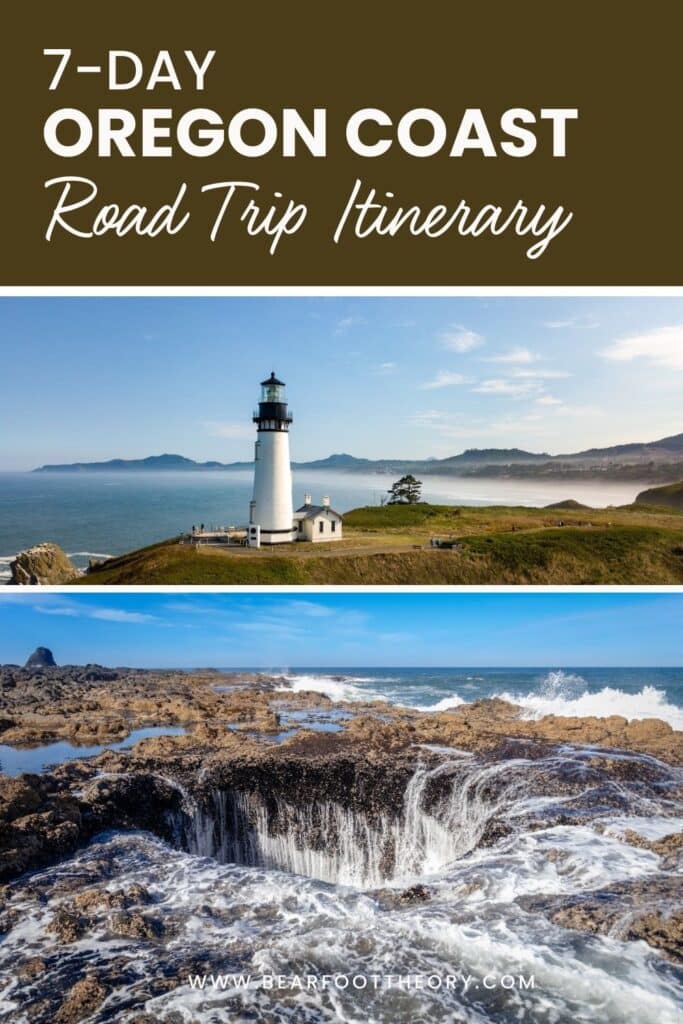 Pinterest image of lighthouse and Thor's Well. Text says "7-Day Oregon Coast Road Trip Itinerary"