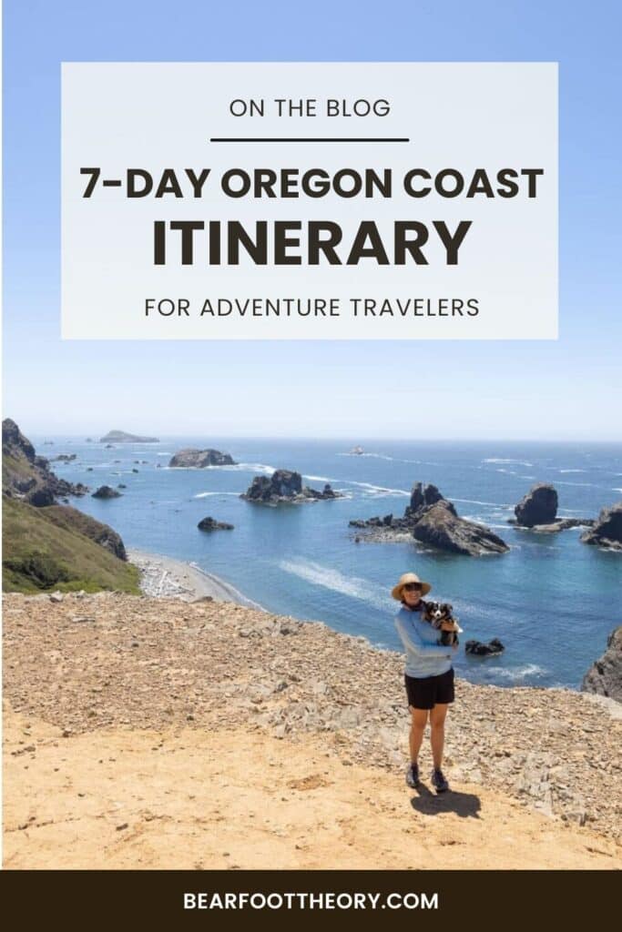 Pinterest image of woman holding down on beach. Text says "7-day Oregon Coast Itinerary for adventure travelers"