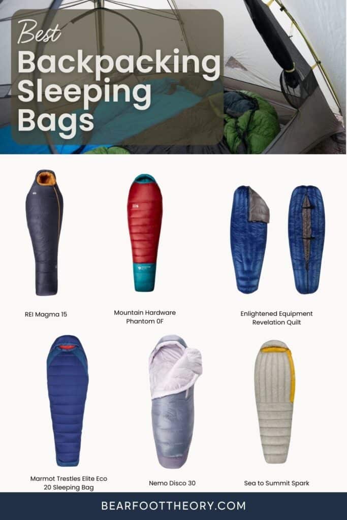 Pinterest image with text about the best 6 sleeping bags and an image of each sleeping bag with the brand name below it