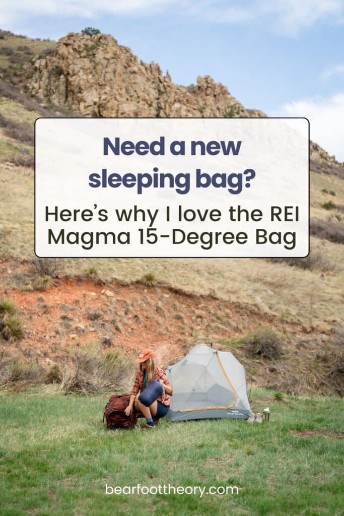 Pinterest Pin wtih the text "Need a new sleeping bag" Here's why I love the REI Magma 15-degree bag" with women pulling out a sleeping bag from her backpack