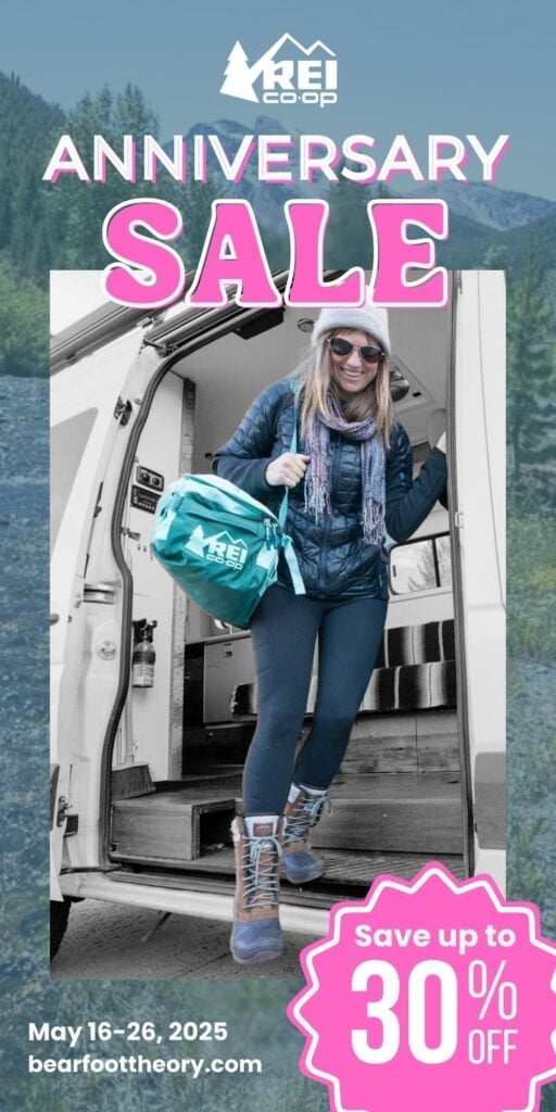 Bearfoot Theory founder Kristen Bor and an REI duffel bag with the text "REI Co-op Anniversary Sale Save up to 30% off"