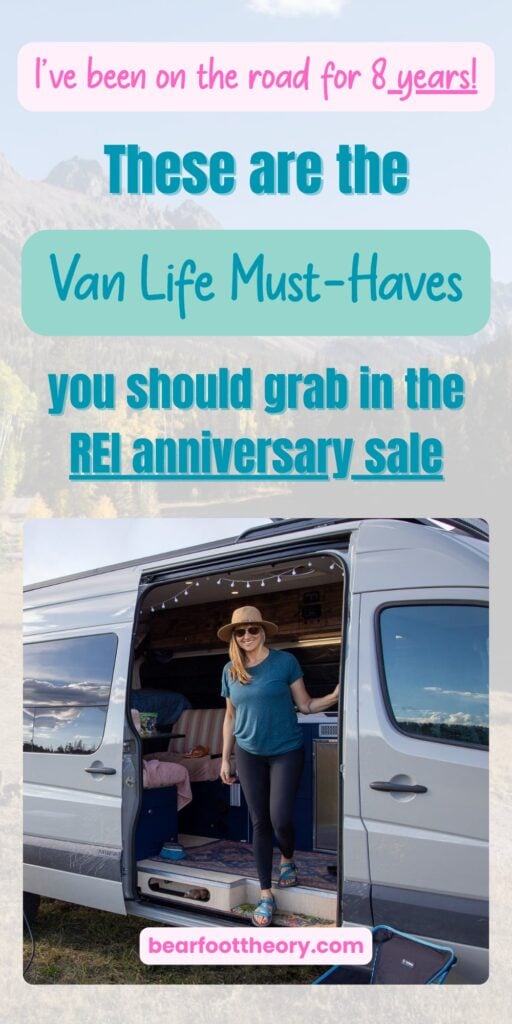 Kristen Bor standing in the door a sprinter van with the text, "I've lived in a van for 8 years! These are the van life must-haves you should grab in the REI anniversary sale"