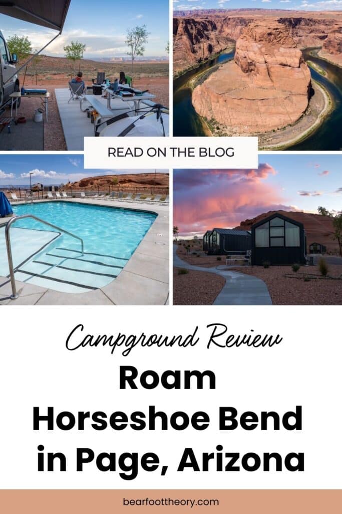 Roam Horseshoe Bend campground. Text reads "Campground Review - Roam Horseshoe Bend in Page, Arizona"