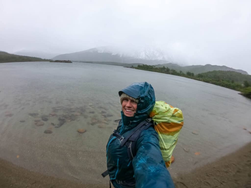 Kristen Bor hiking in El Chalten on a rainy day