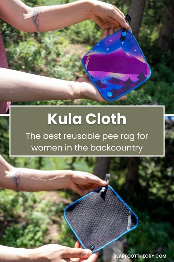 Woman holding a Kula Cloth pee rag featuring a bear next to a lake with a cosmic mountain scene. Text reads Kula Cloth - the best reusable pee rag for women in the backcountry