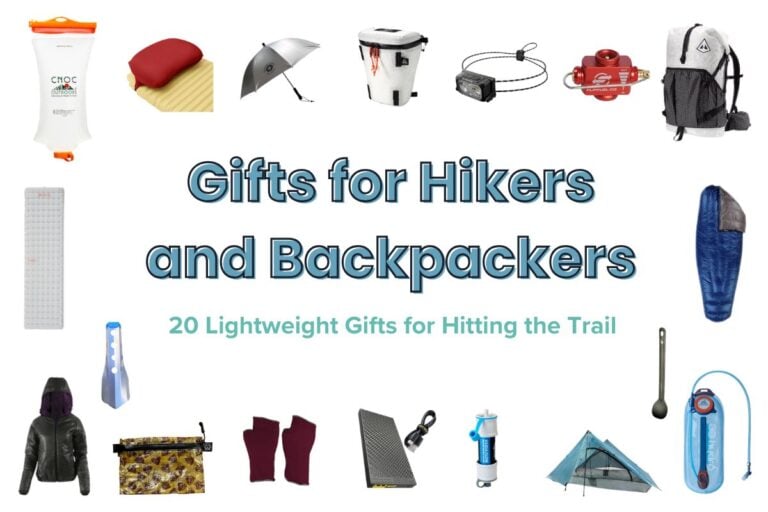 Collage of gifts with text "Gifts for Hikers and backpackers - 25 Lightweight gifts for hitting the trail"