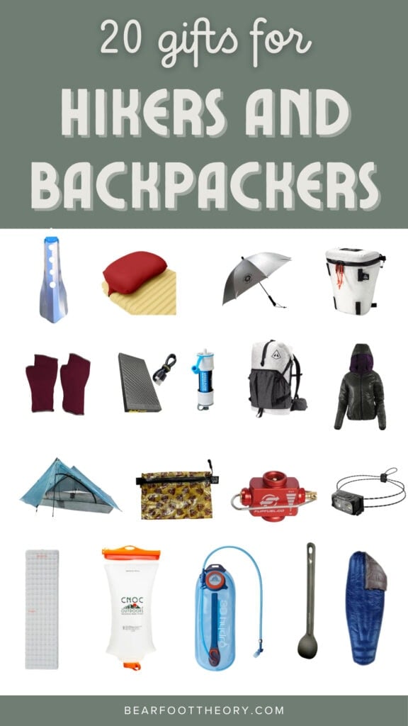 Collage of outdoor gear with text "20 Gifts for Hikers and Backpackers"