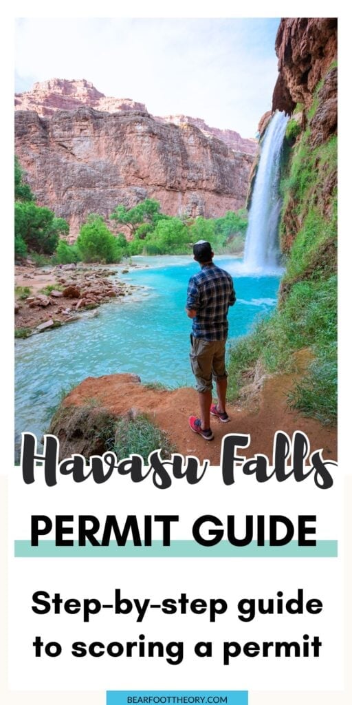 Man standing in front of Gorgeous blue waterfall with text "Havasu Falls permit guide - step by step instructions for scoring a permit"