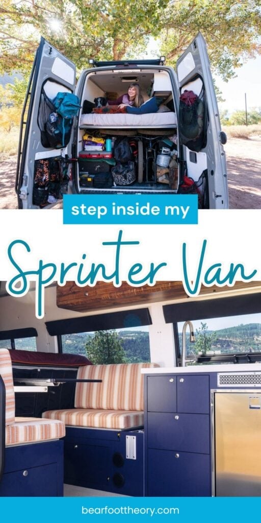 Collage of Interior and exterior photos of a sprinter van with text "Step inside my Sprinter Van"